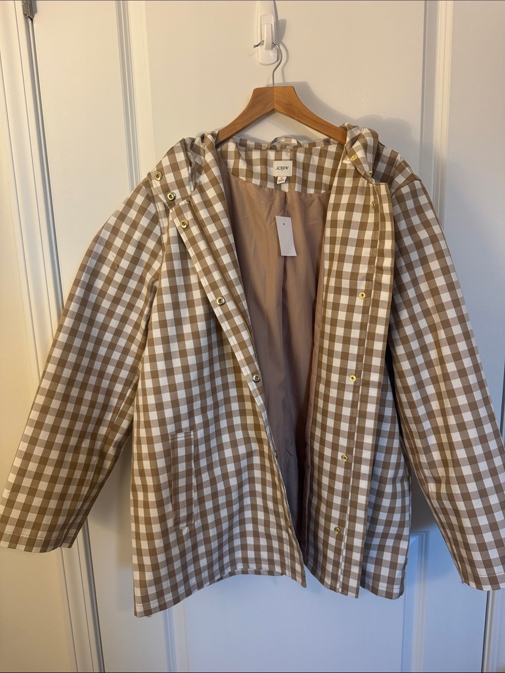 J. Crew Tan and White Gingham Hooded Trench Coat